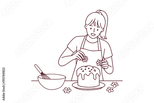 Easter baking coloring page of young girl finishing traditional easter cake paska and preparing to decorate it with spring flowers in the kitchen