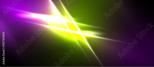 Bright abstract light streaks, vibrant purple, green hues. Dynamic energy radiates from central point, dark background.
