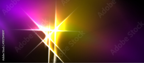 Bright light burst radiates from center. Vivid purple, yellow hues blend, creating dramatic effect. Dark background emphasizes luminosity.