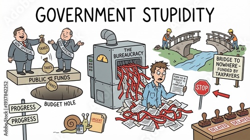 Government officials mismanaging public funds amidst bureaucratic red tape and inefficiency