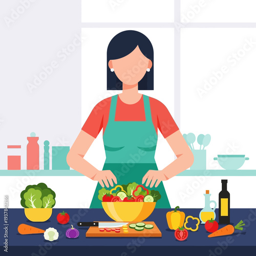 Woman preparing fresh healthy salad in kitchen.