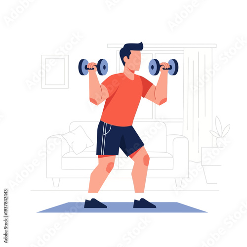 Man working out with dumbbells at home.