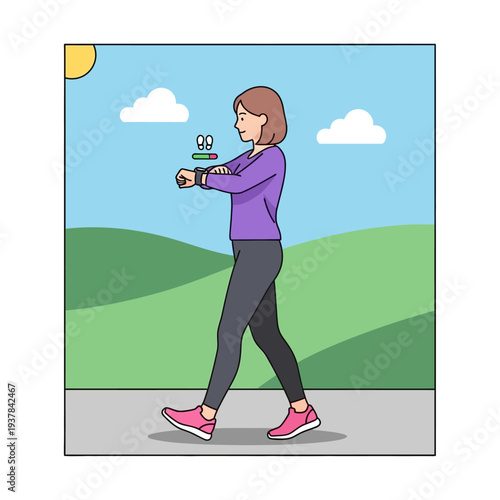 Woman walking outdoors with a smartwatch on her wrist.