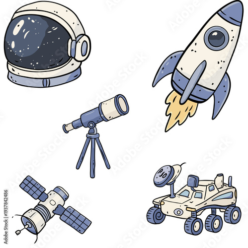 Cute space exploration set with astronaut helmet, rocket, rover and satellite in outer space, perfect for kids education poster, nursery decor