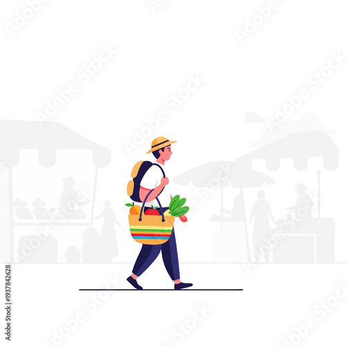 Man walking with groceries in a reusable bag.
