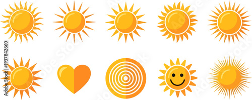 Bright yellow and orange sun icons set with heart and target symbols