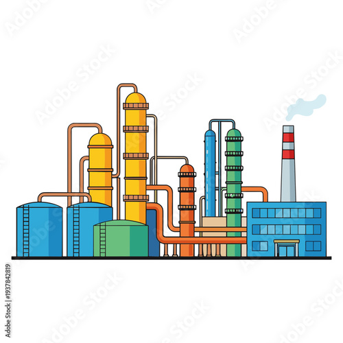 An industrial factory complex with smokestack emitting smoke