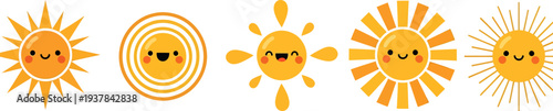 Collection of Cute Cartoon Suns with Happy Faces Vector Illustration on White Background