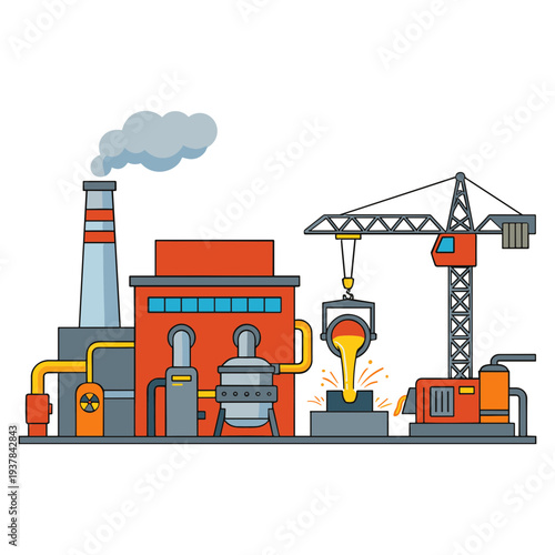 A factory operates with a crane moving molten metal at sunrise