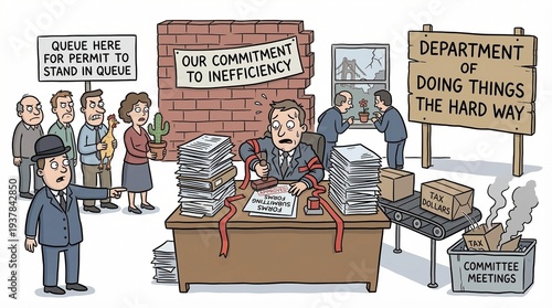 Officer Overwhelmed with Permit Applications and Stacks of Documents at Office Desk