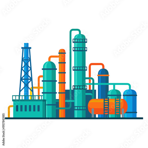 An industrial factory complex with pipes and towers stands tall in a landscape view.