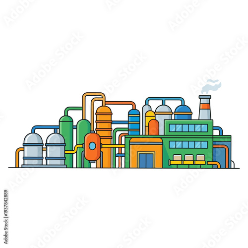 A vibrant industrial factory scene with smokestack emitting fumes amidst various colorful machinery and pipes in an urban setting.