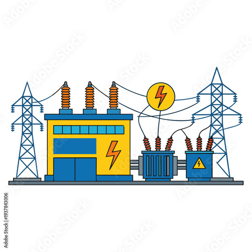 Electricity flows through a power transmission station with towers and transformers.