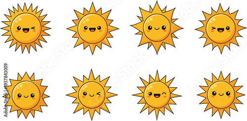 Cute Cartoon Suns with Various Happy Expressions Vector Illustration Set