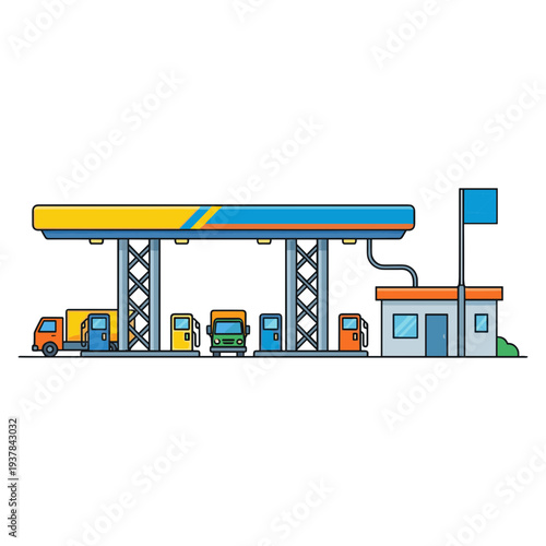 Vehicles refuel at a busy gas station with pumps and a convenience store