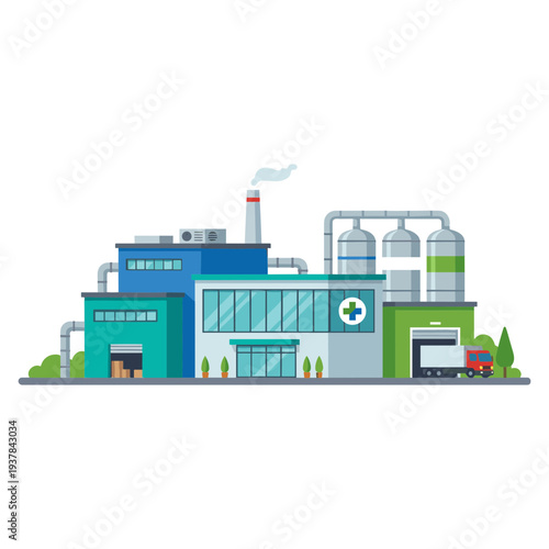 A large industrial factory with smokestack emitting smoke near green building