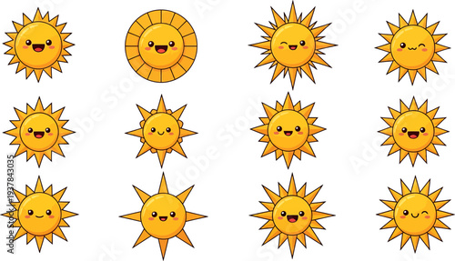 Collection of cute cartoon sun icons with various happy and winking faces
