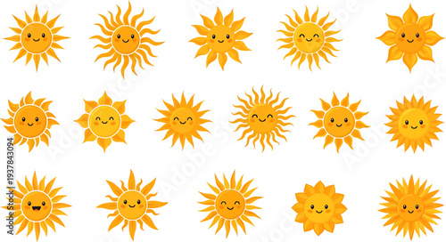 Cheerful Cartoon Suns with Happy Faces, a Vibrant Collection of Smiling Summer Weather Icons