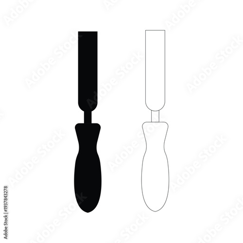 Chisel tool vector icon set in flat black and outline style for woodworking projects