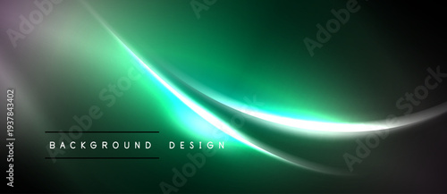 Abstract green background. Smooth curves create dynamic light effects. Modern design elements suggest elegance, motion, depth.