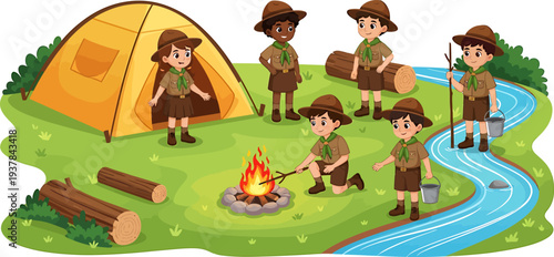 Happy scout children camping by a river with a campfire and tent