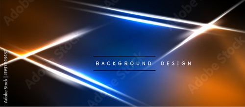 Abstract neon lines intersect dark background. Orange, blue gradients create dynamic visual effect. Modern design element.