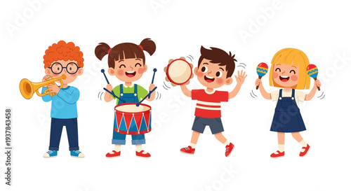 Four happy children playing musical instruments including a trumpet drum tambourine and maracas