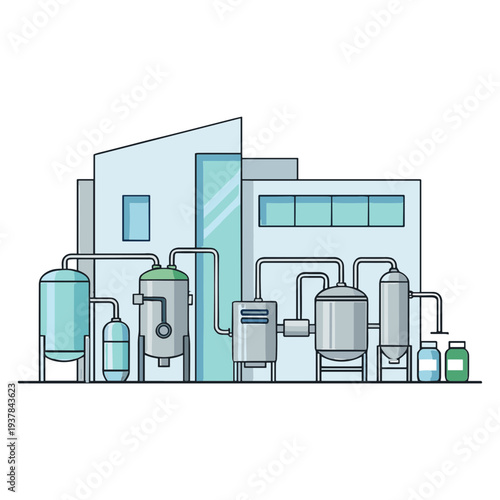 An industrial facility with various machinery and equipment is shown operating.