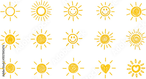Collection of Hand-Drawn Yellow Sun Icons with Various Cheerful Designs