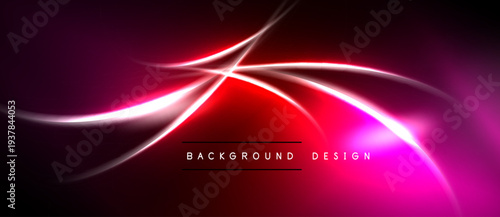Abstract neon lines create vibrant energy. Pink, red hues blend into dark background. Modern design element for digital projects.