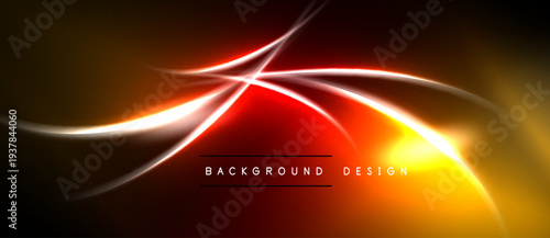 Abstract design features vibrant orange, red glows. Smooth curves intersect, creating dynamic visual effect. Dark background emphasizes luminosity.