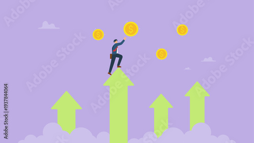 Financial success and business income concept. Businessman standing on arrow graph and trying to catch money.