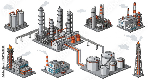 Industrial factory complex with multiple buildings and pipelines.