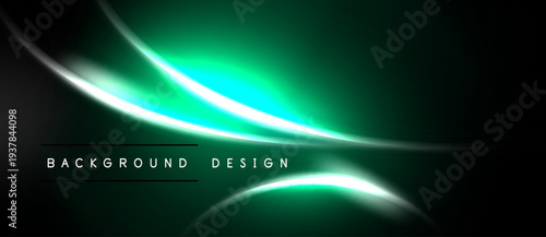Dark background features vibrant green curves, glowing lines. Modern design evokes energy, movement, sophistication. Minimalist aesthetic.