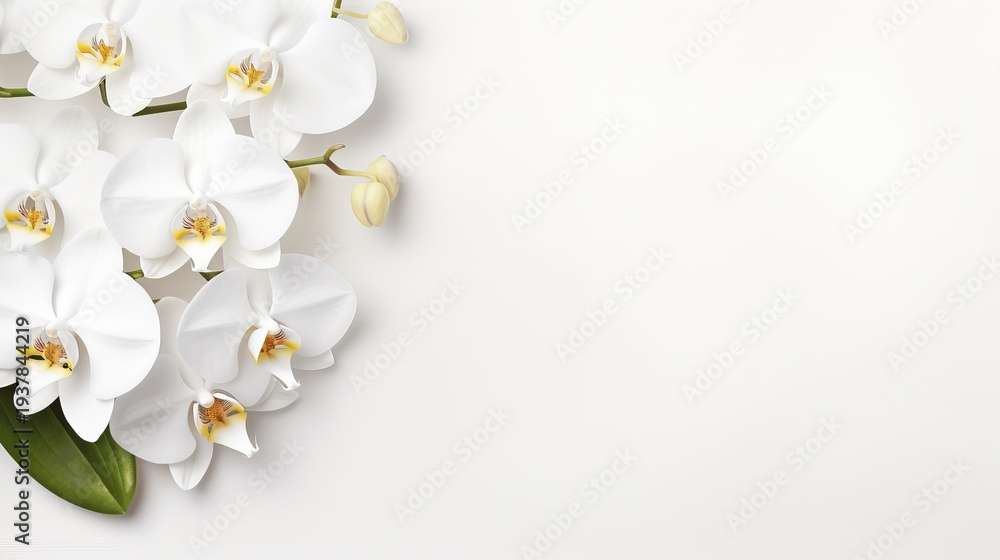 Obraz premium Elegant White Orchid Blossoms on Soft White Background