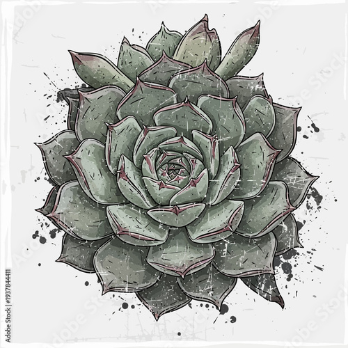 Hand-drawn succulent plant illustration with paint splatters