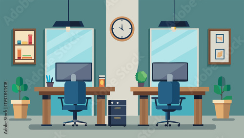 Professional business office floor plan illustration with desks and chairs.eps