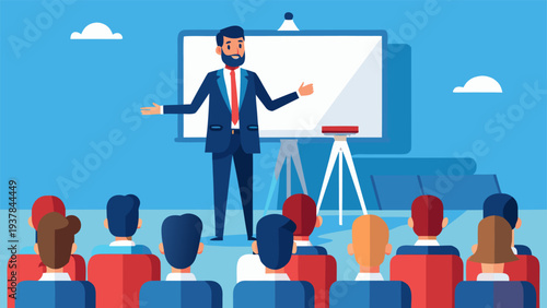 Professional business speaker presenting charts and data on projector screen at corporate seminar..eps