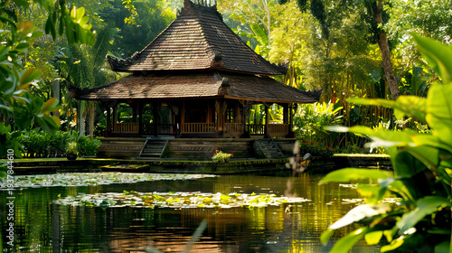Serene Asian Pavilion Surrounded by Lush Greenery and Water Lilies