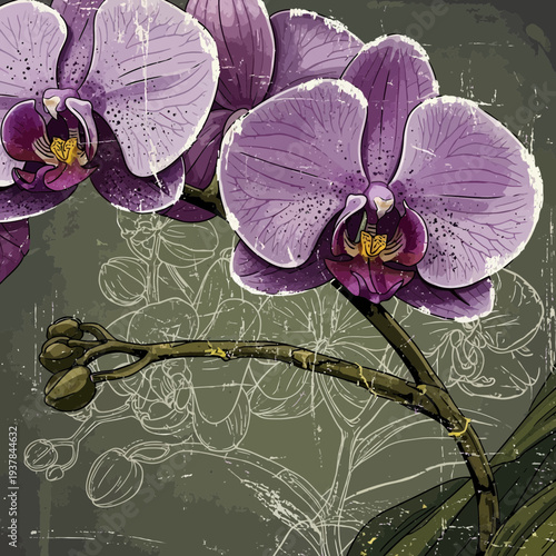 Purple orchid flowers with sketched background