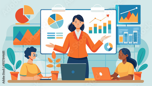 Professional woman presenting financial growth strategy in a modern office.eps