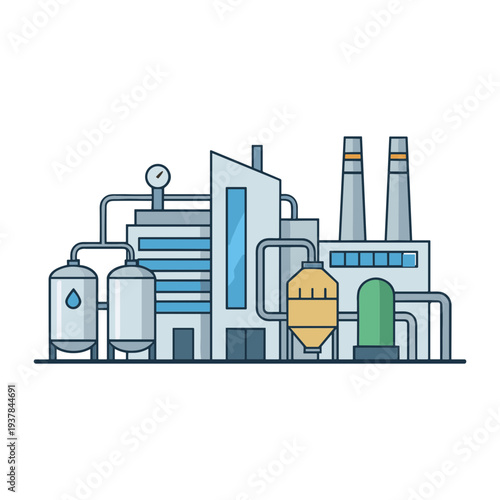 An industrial factory with pipes and smokestacks operates near a large cylindrical tank.