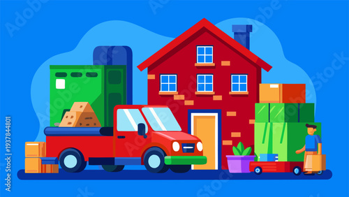 Relocation concept with man unloading belongings from vehicle into residence.eps