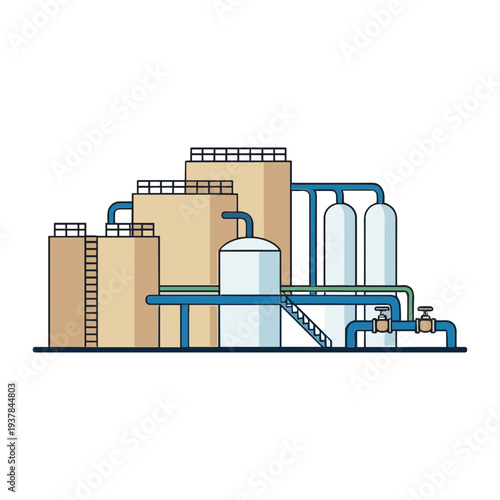 Factory Buildings Collection Exterior Manufacturing, Gas Station and Oil Refinery Engineering Chemical Industry Flat Vector Illustration Set