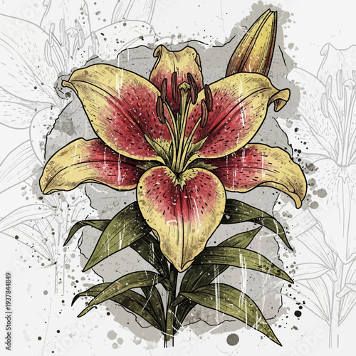 Vibrant Lily Flower Illustration with Bud and Leaves