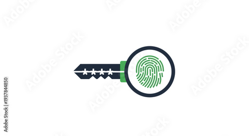 Key with fingerprint in magnifying glass.