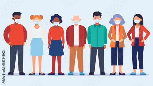 Seniors and young adults wearing protective masks during pandemic.eps