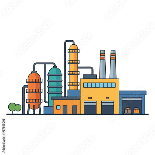 An industrial factory with smokestacks stands beside a cylindrical structure and pipes in a landscape.
