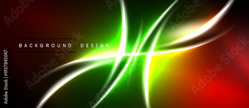 Abstract vibrant design features flowing lines, gradients. Red, green hues dominate, creating dynamic visual effect. Modern, sleek presentation.