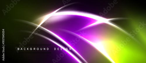 Abstract neon lights create vibrant curves, gradients. Dark background emphasizes glowing lines, modern design elements.